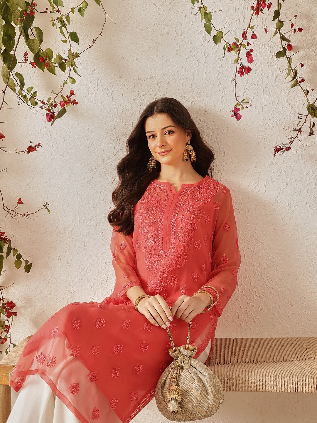 Ada Hand Embroidered Peach Georgette Lucknowi Chikankari Straight Kurta With Slip A130753