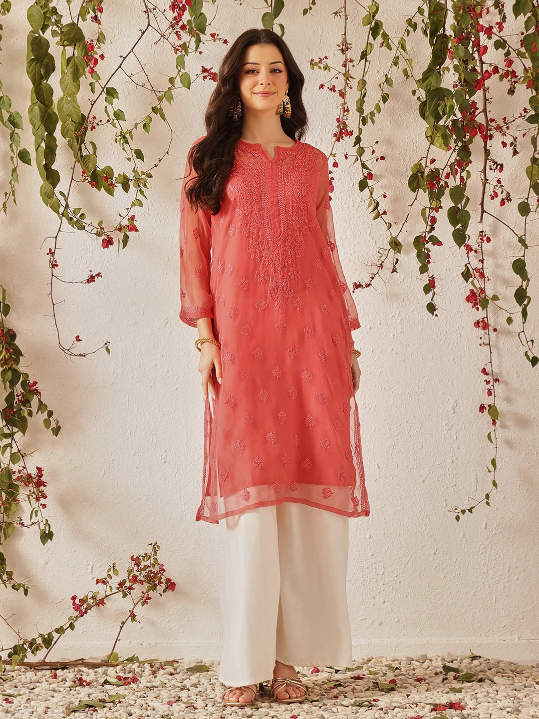 Ada Hand Embroidered Peach Georgette Lucknowi Chikankari Straight Kurta With Slip A130753