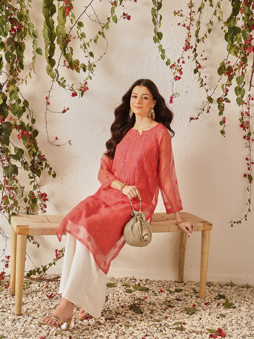 Ada Hand Embroidered Peach Georgette Lucknowi Chikankari Straight Kurta With Slip A130753