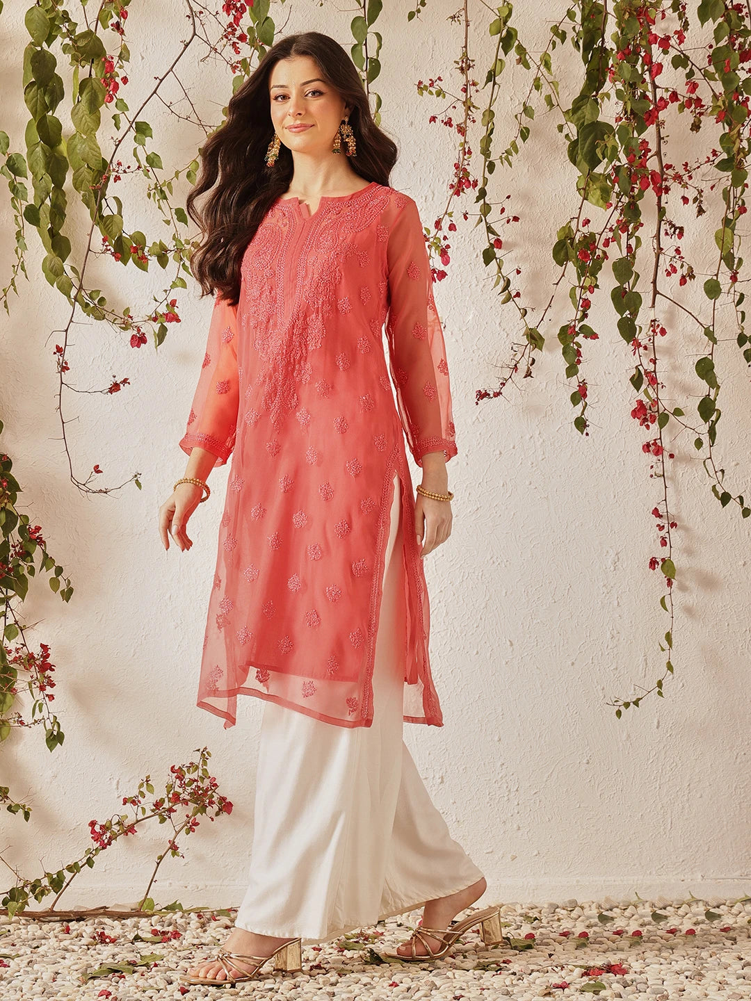 Ada Hand Embroidered Peach Georgette Lucknowi Chikankari Straight Kurta With Slip A130753
