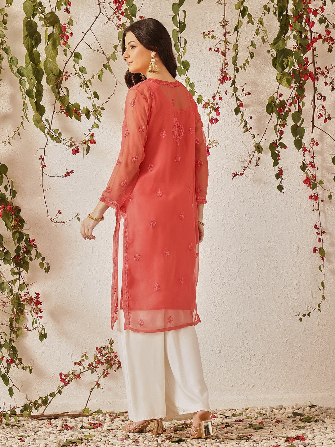 Ada Hand Embroidered Peach Georgette Lucknowi Chikankari Straight Kurta With Slip A130753