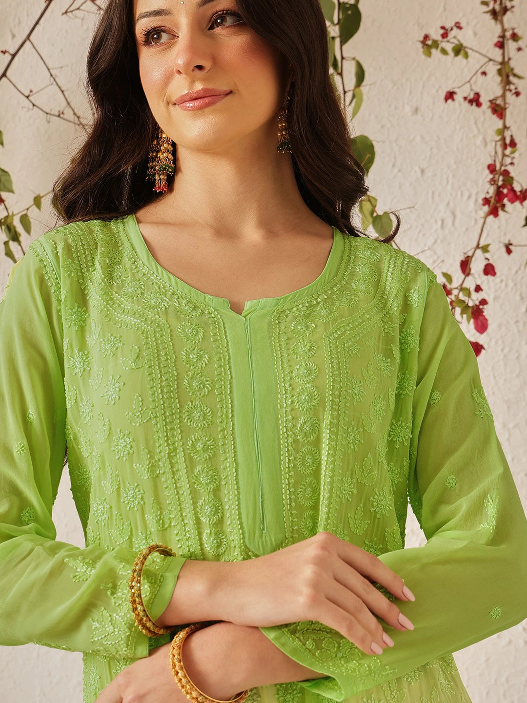 Ada Hand Embroidered Green Georgette Lucknowi Chikankari Kurta A411327