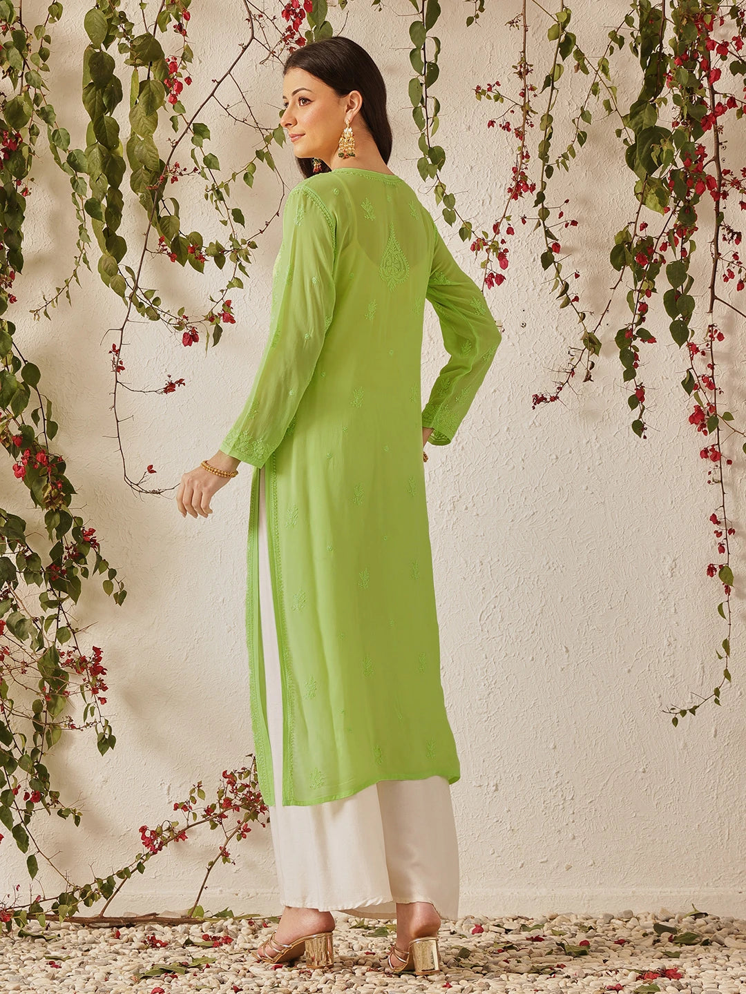 Ada Hand Embroidered Green Georgette Lucknowi Chikankari Kurta A411327