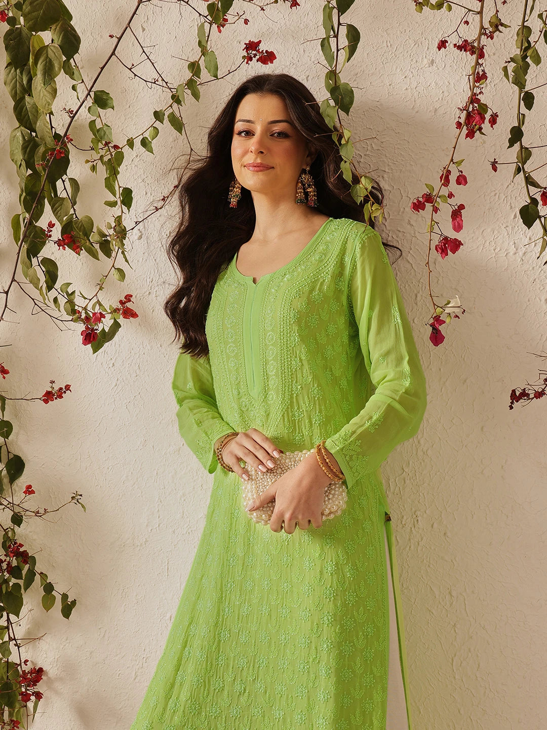 Ada Hand Embroidered Green Georgette Lucknowi Chikankari Kurta A411327