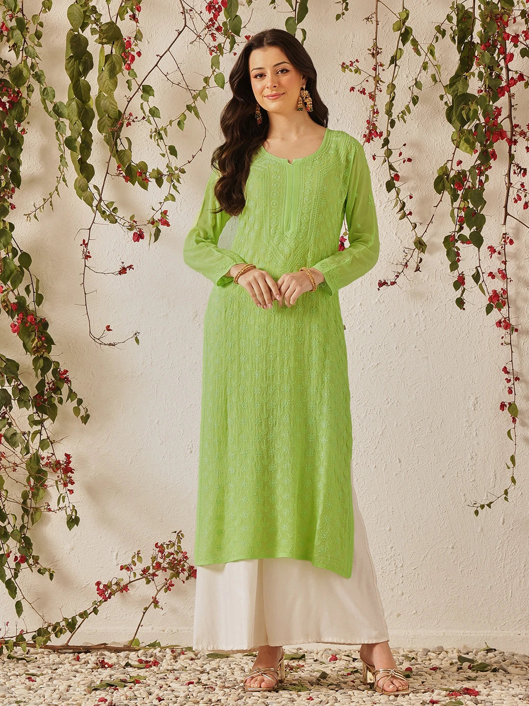 Ada Hand Embroidered Green Georgette Lucknowi Chikankari Kurta A411327