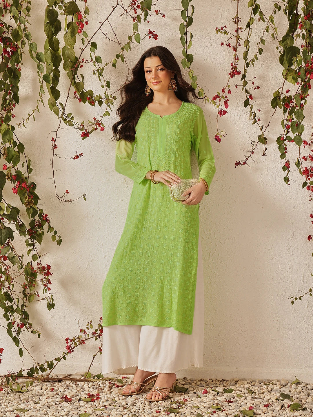 Ada Hand Embroidered Green Georgette Lucknowi Chikankari Kurta A411327