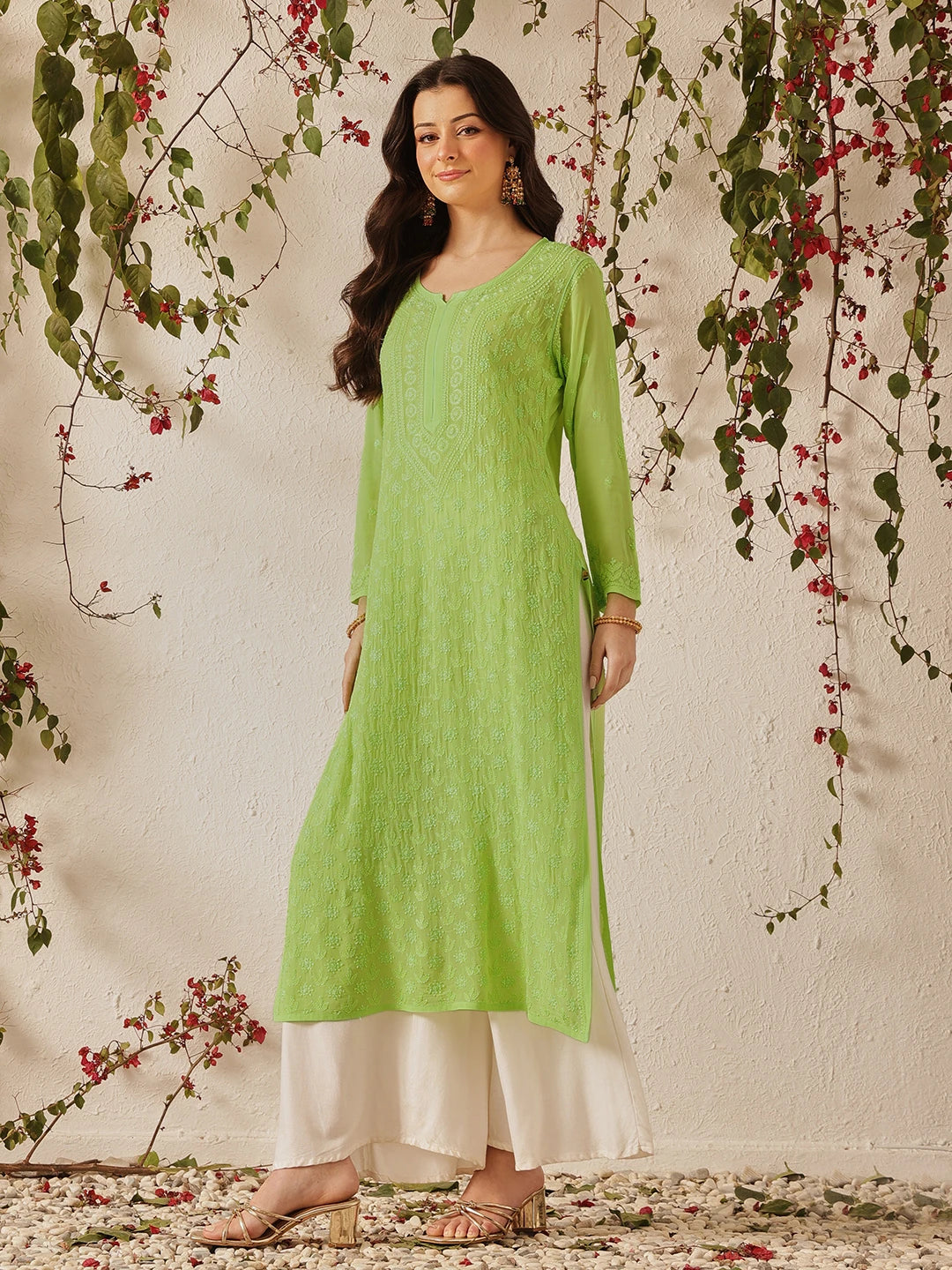 Ada Hand Embroidered Green Georgette Lucknowi Chikankari Kurta A411327
