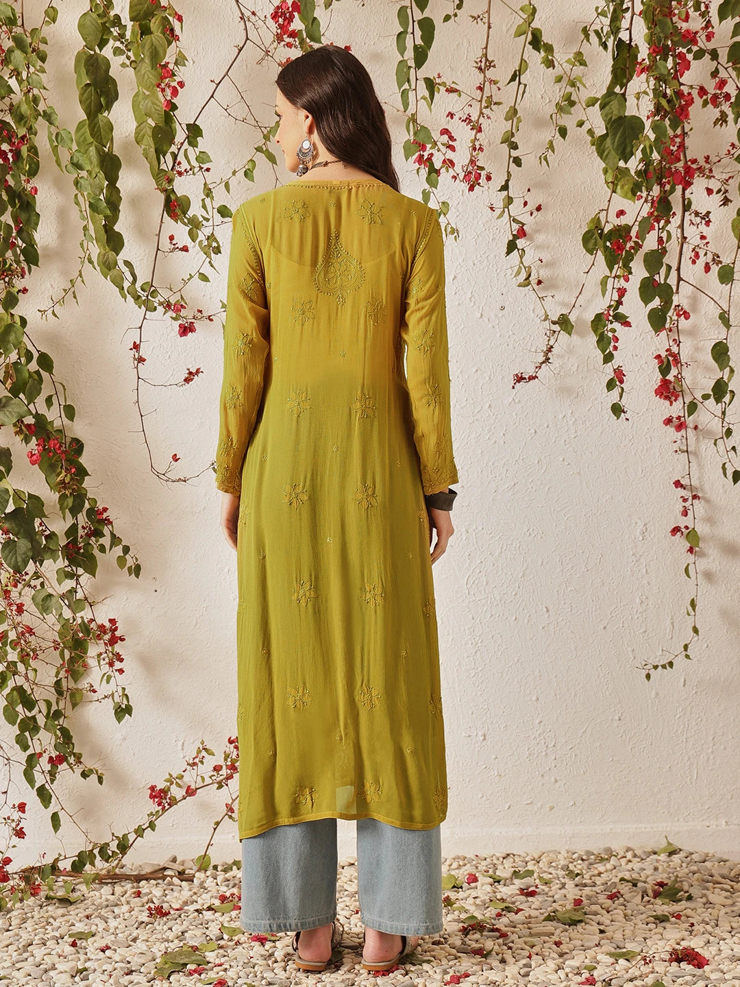 Ada Hand Embroidered Mehendi Green Georgette Lucknow Chikankari Straight Kurta A411334