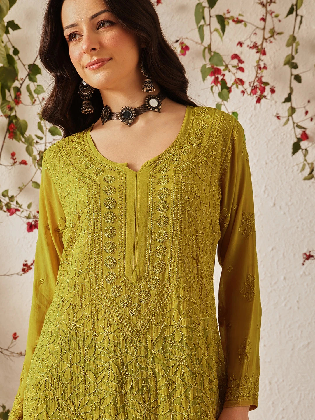 Ada Hand Embroidered Mehendi Green Georgette Lucknow Chikankari Straight Kurta A411334