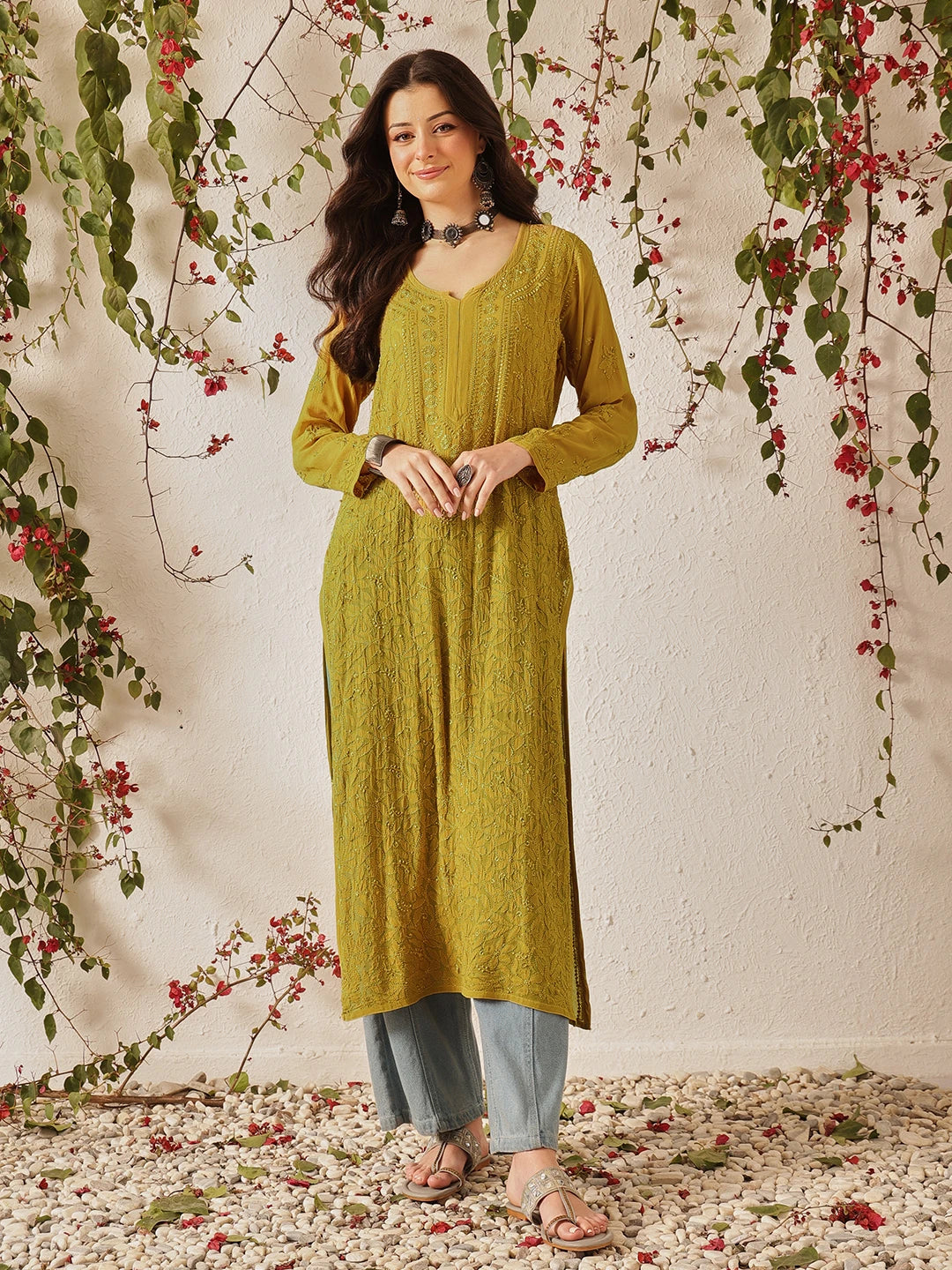 Ada Hand Embroidered Mehendi Green Georgette Lucknow Chikankari Straight Kurta A411334