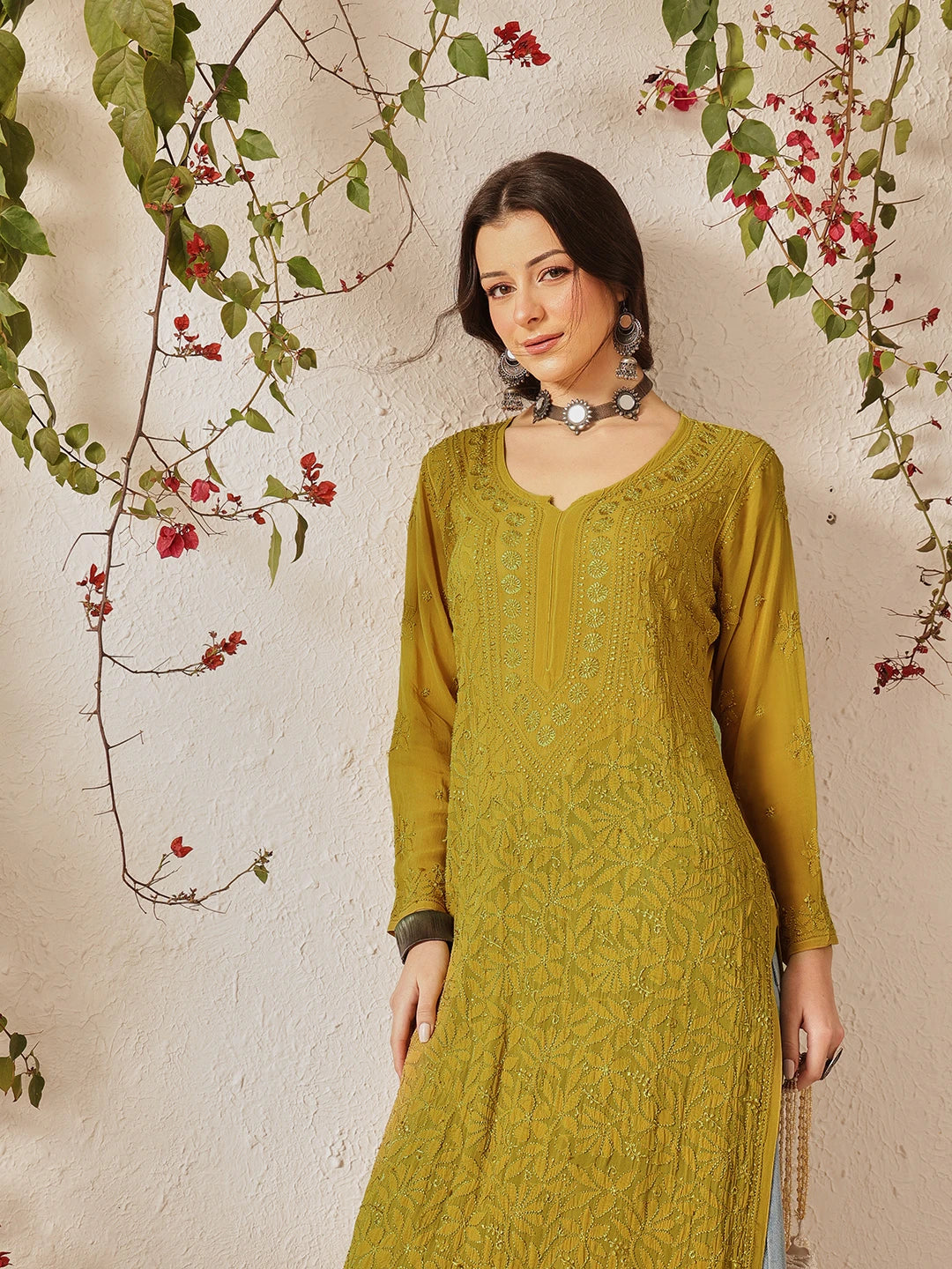 Ada Hand Embroidered Mehendi Green Georgette Lucknow Chikankari Straight Kurta A411334