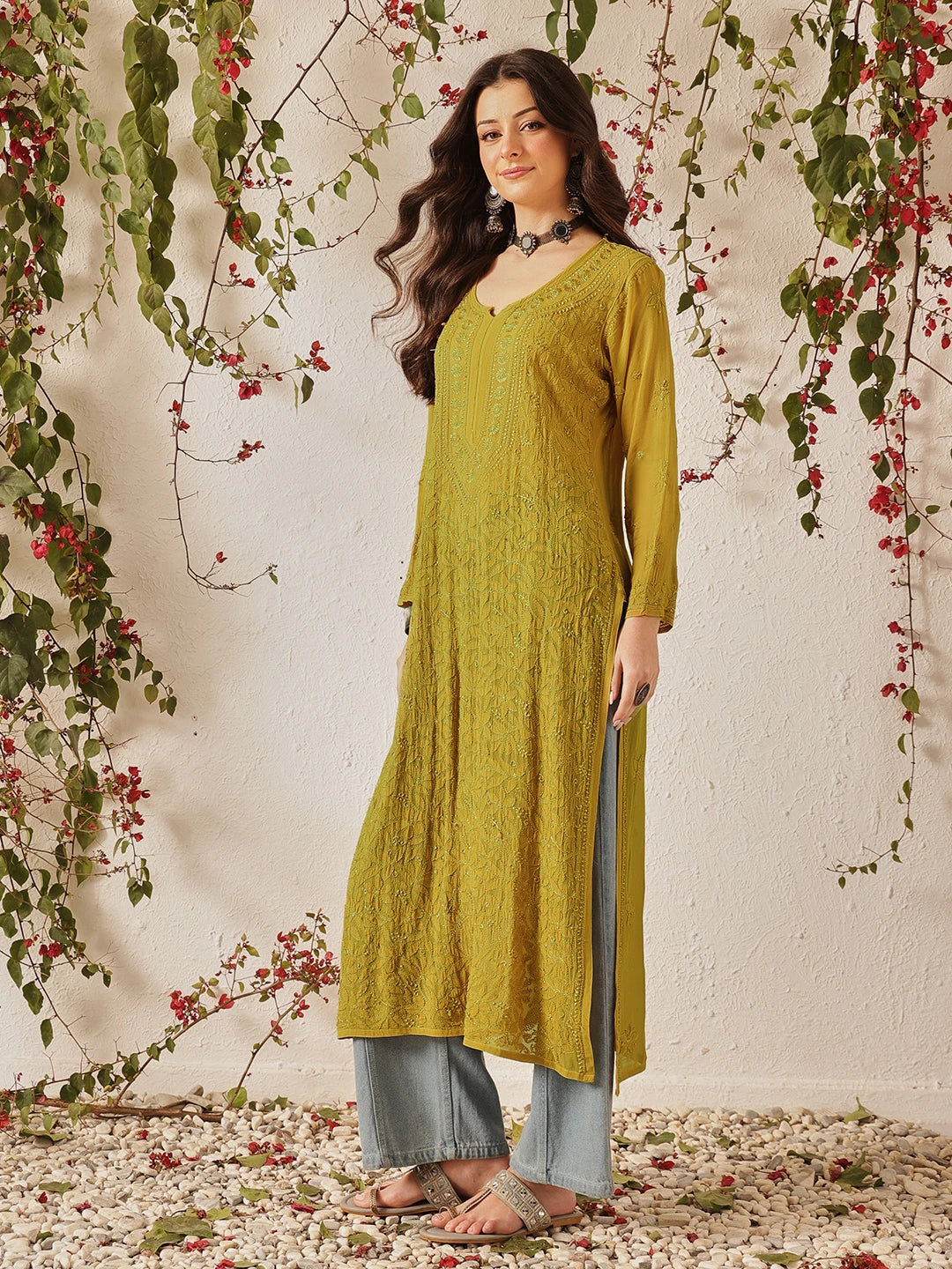 Ada Hand Embroidered Mehendi Green Georgette Lucknow Chikankari Straight Kurta A411334