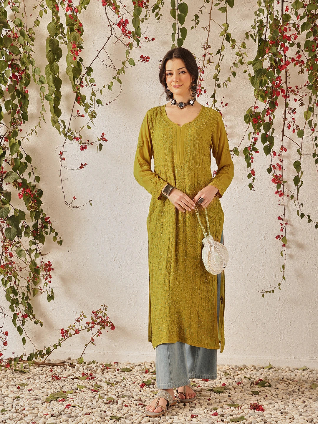 Ada Hand Embroidered Mehendi Green Georgette Lucknow Chikankari Straight Kurta A411334