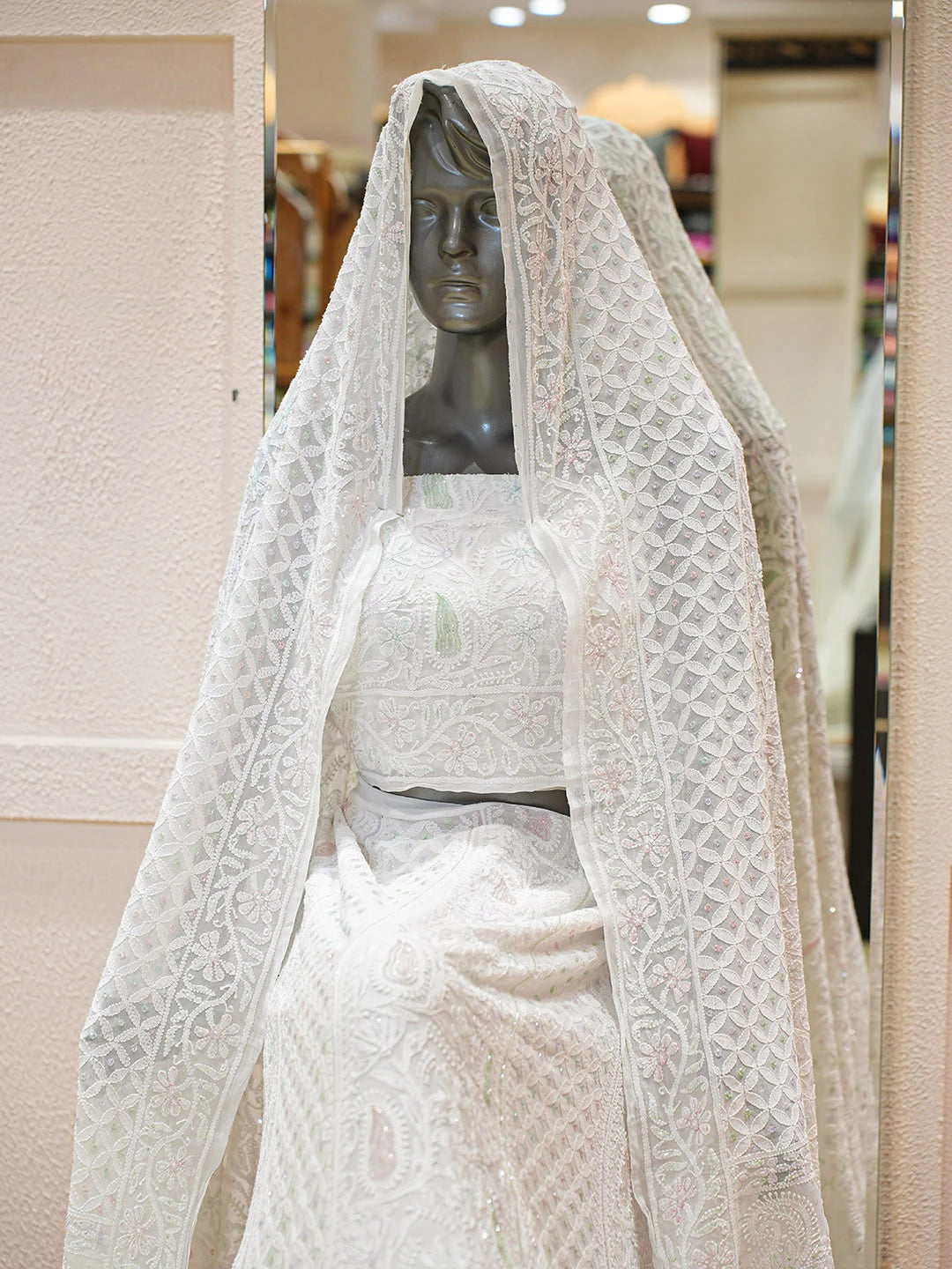 Ada Hand Embroidered White Viscose Georgette Lucknowi Chikankari Lehenga Set With Cutdana Work 01A903559