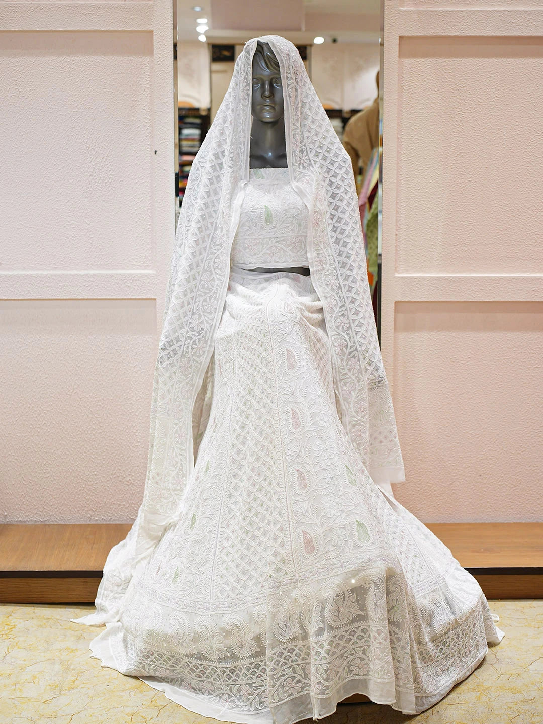 Ada Hand Embroidered White Viscose Georgette Lucknowi Chikankari Lehenga Set With Cutdana Work 01A903559