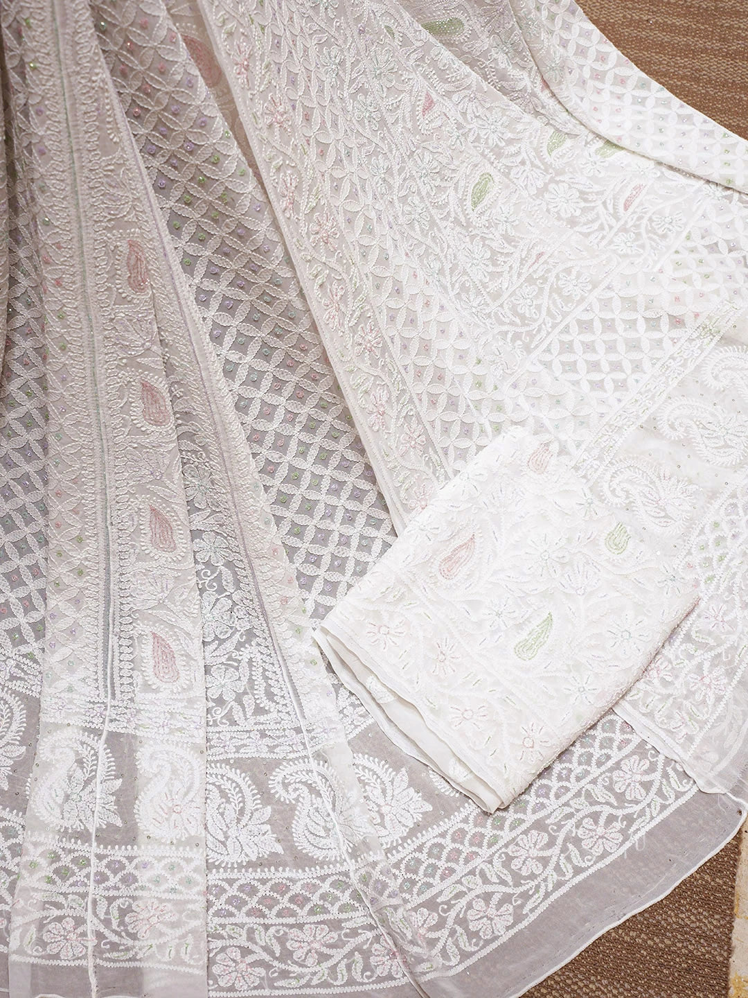 Ada Hand Embroidered White Viscose Georgette Lucknowi Chikankari Lehenga Set With Cutdana Work 01A903559