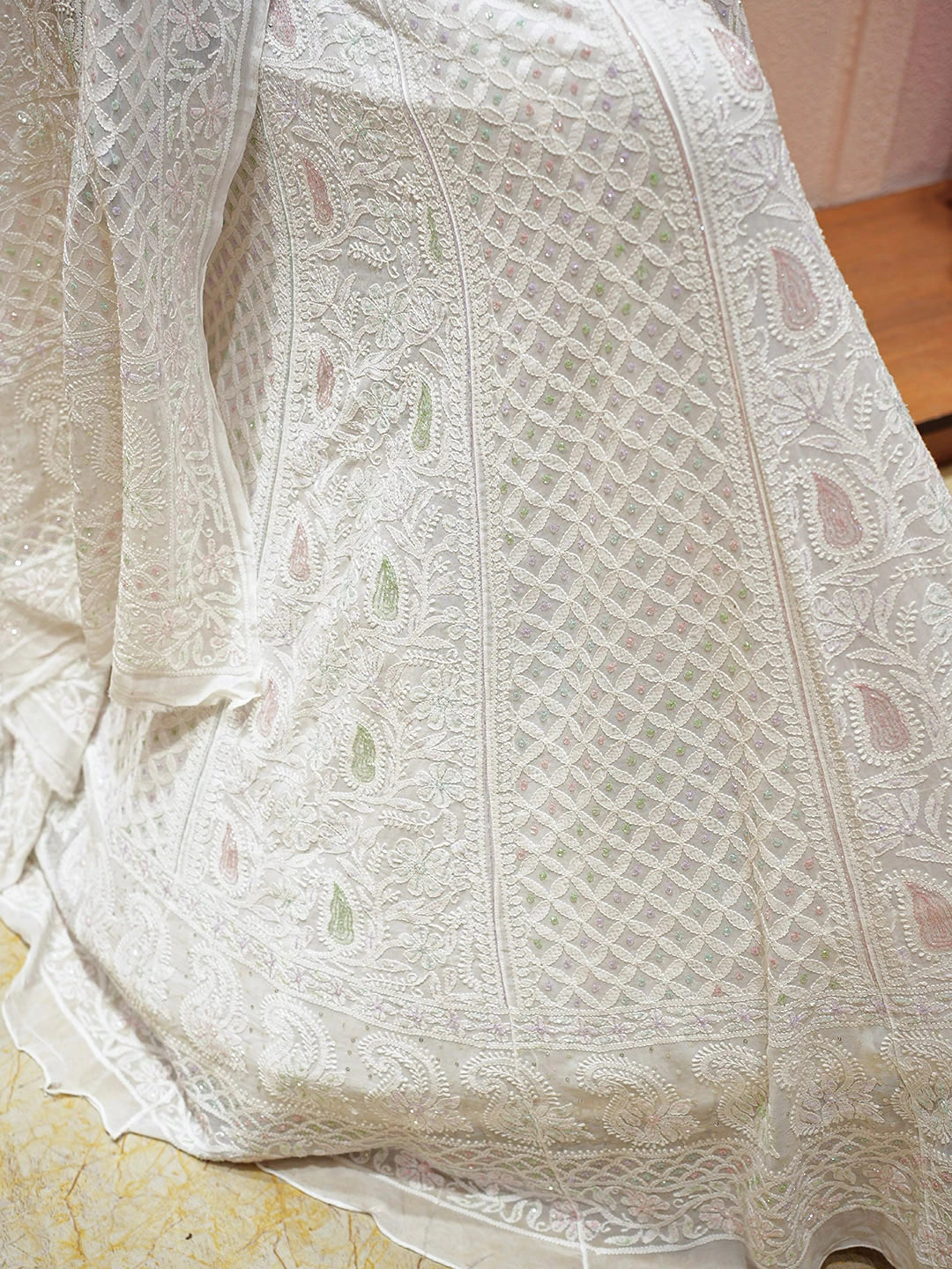 Ada Hand Embroidered White Viscose Georgette Lucknowi Chikankari Lehenga Set With Cutdana Work 01A903559