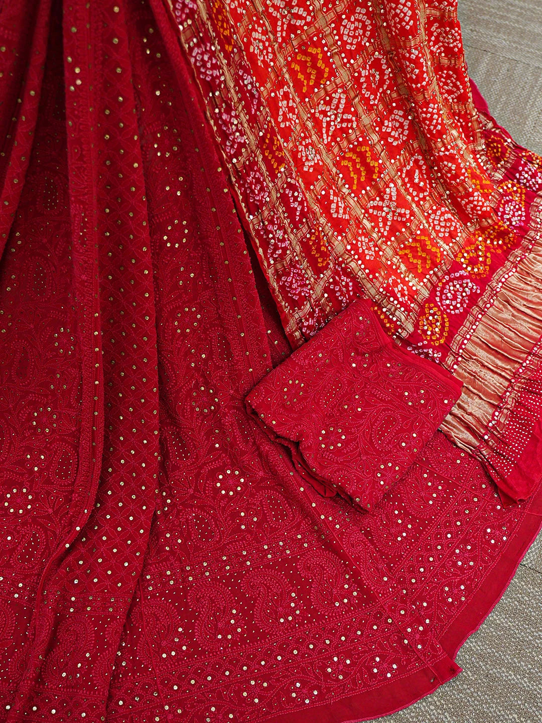 Ada Hand Embroidered Red Viscose Georgette Lucknowi Chikankari Lehenga Set With Muqaish/Mukaish Work 01A791975