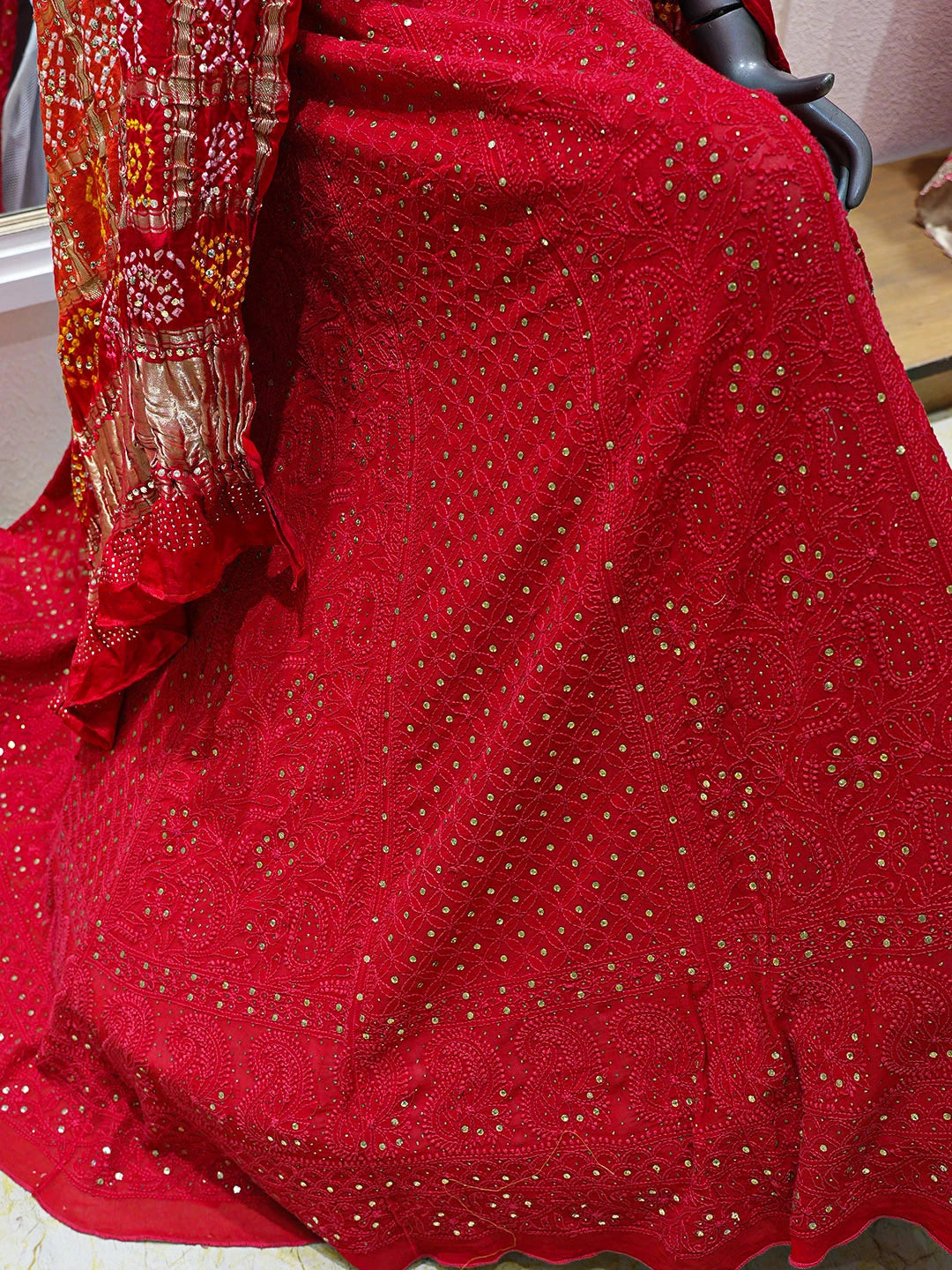 Ada Hand Embroidered Red Viscose Georgette Lucknowi Chikankari Lehenga Set With Muqaish/Mukaish Work 01A791975