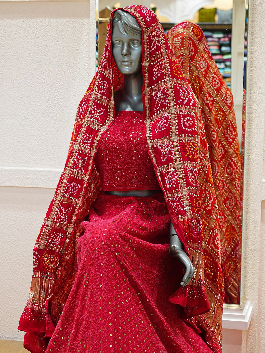 Ada Hand Embroidered Red Viscose Georgette Lucknowi Chikankari Lehenga Set With Muqaish/Mukaish Work 01A791975