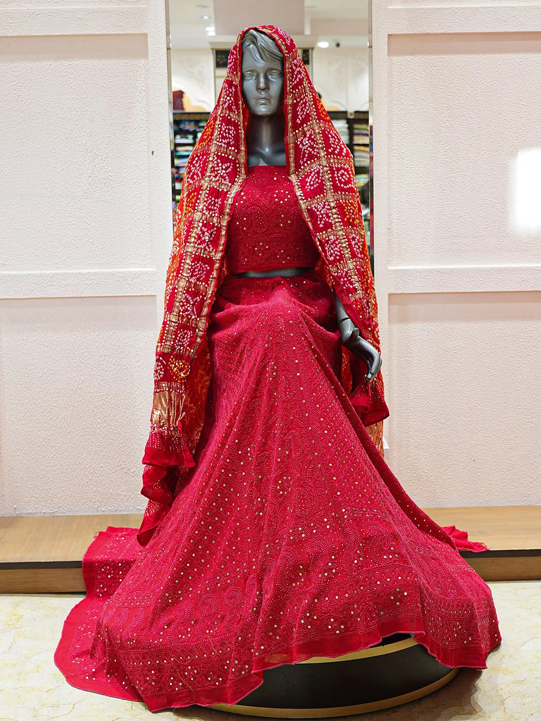 Ada Hand Embroidered Red Viscose Georgette Lucknowi Chikankari Lehenga Set With Muqaish/Mukaish Work 01A791975