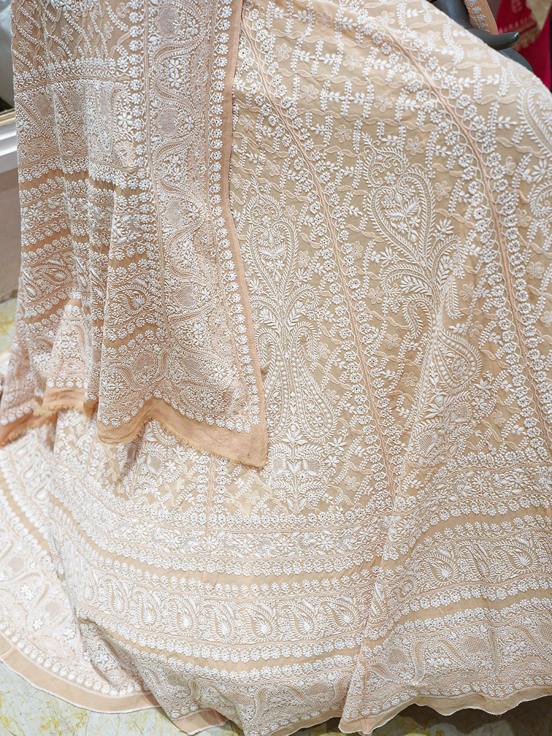Ada Hand Embroidered Fawn Pure Georgette Lucknowi Chikankari Lehenga Set 01A911353