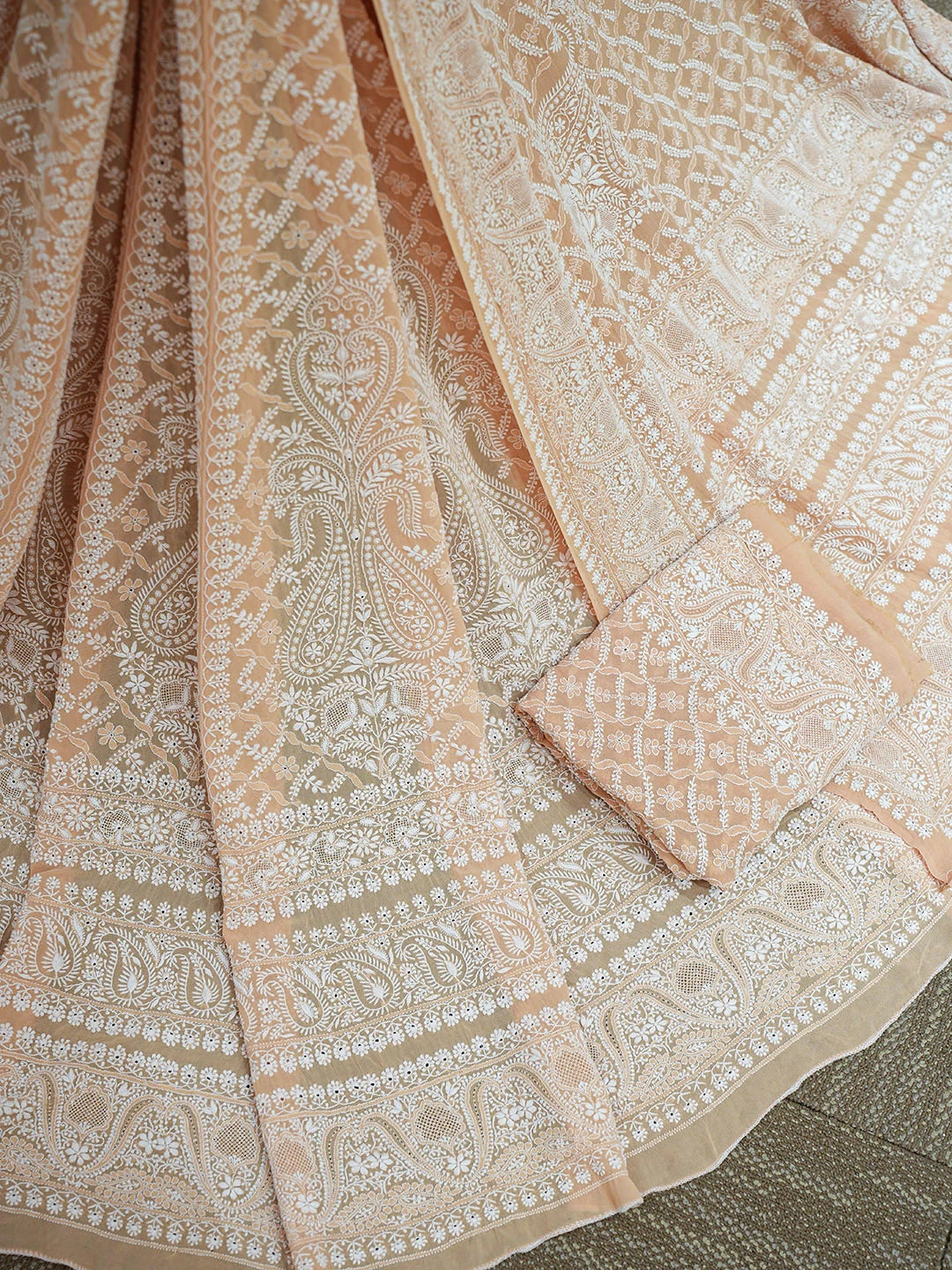 Ada Hand Embroidered Fawn Pure Georgette Lucknowi Chikankari Lehenga Set 01A911353