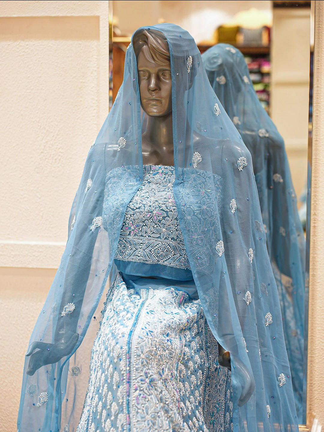 Ada Hand Embroidered Blue Georgette Lucknowi Chikankari Lehenga Set With Sequinned Work 01A896456