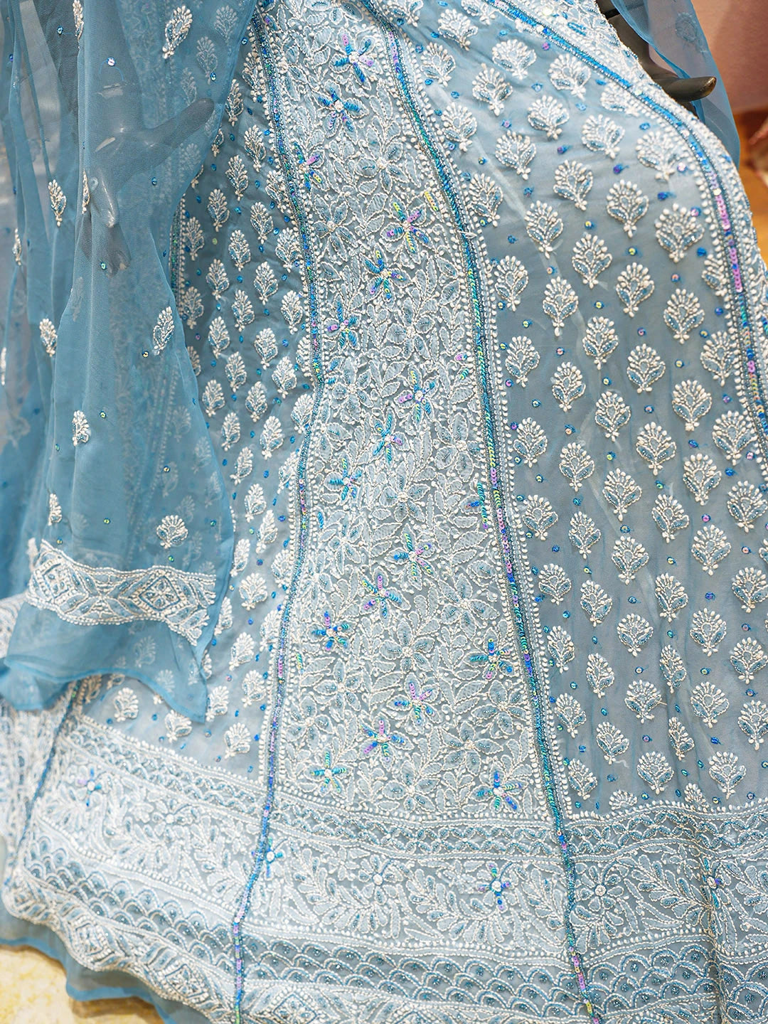 Ada Hand Embroidered Blue Georgette Lucknowi Chikankari Lehenga Set With Sequinned Work 01A896456