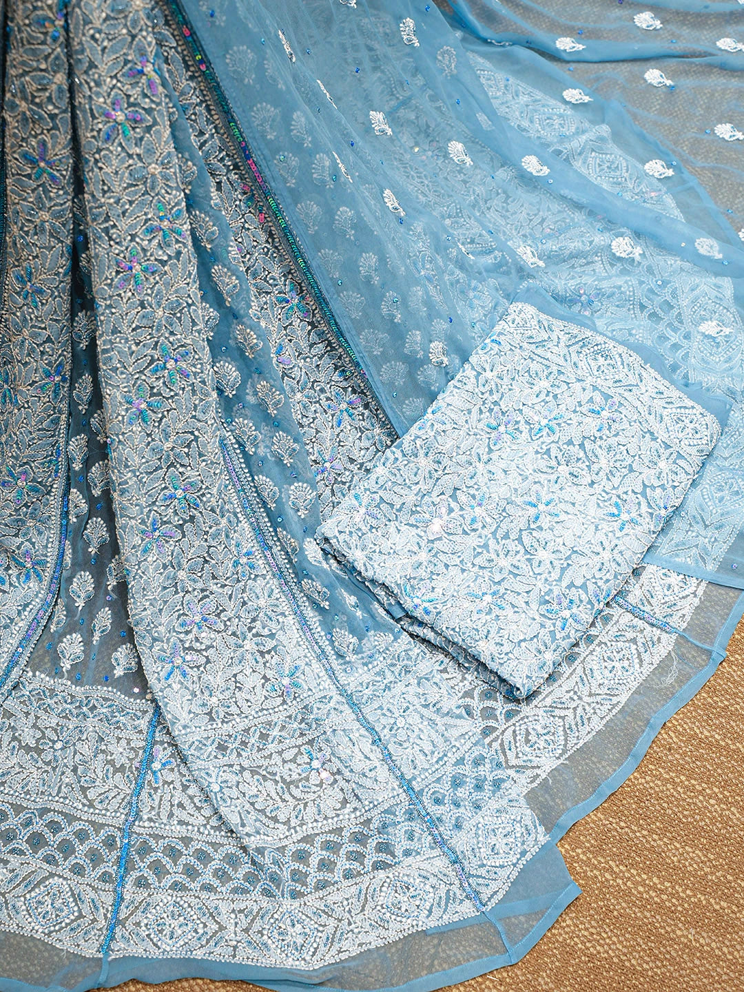 Ada Hand Embroidered Blue Georgette Lucknowi Chikankari Lehenga Set With Sequinned Work 01A896456