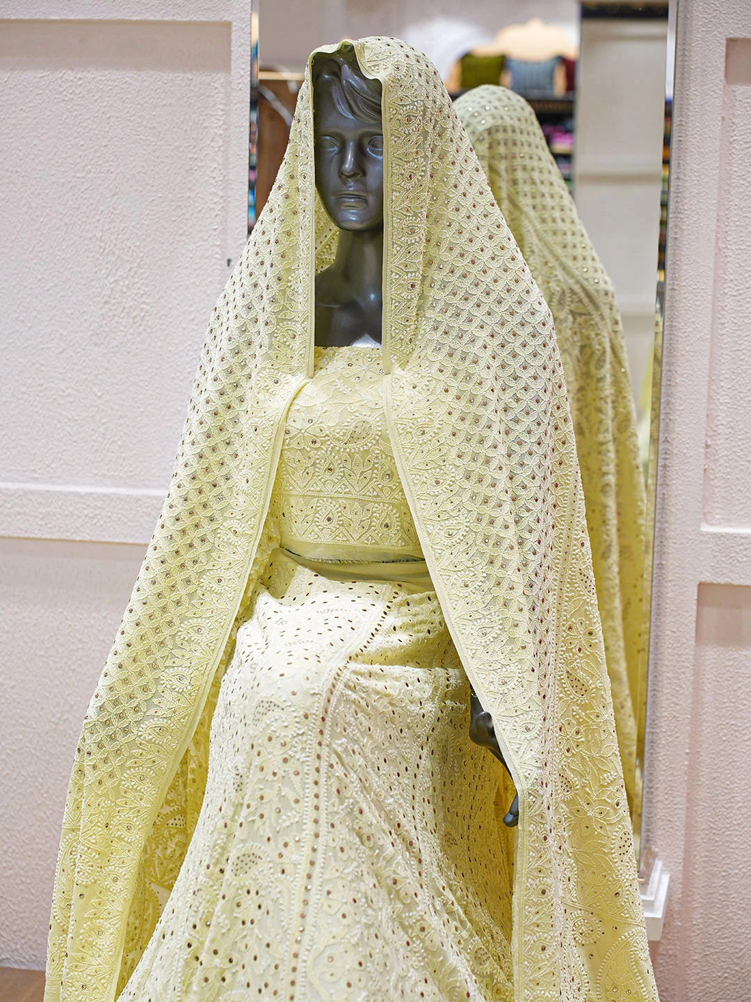Ada Hand Embroidered Lemon Pure Georgette Lucknowi Chikankari Lehenga Set With Muqaish/Mukaish Work 01A63786
