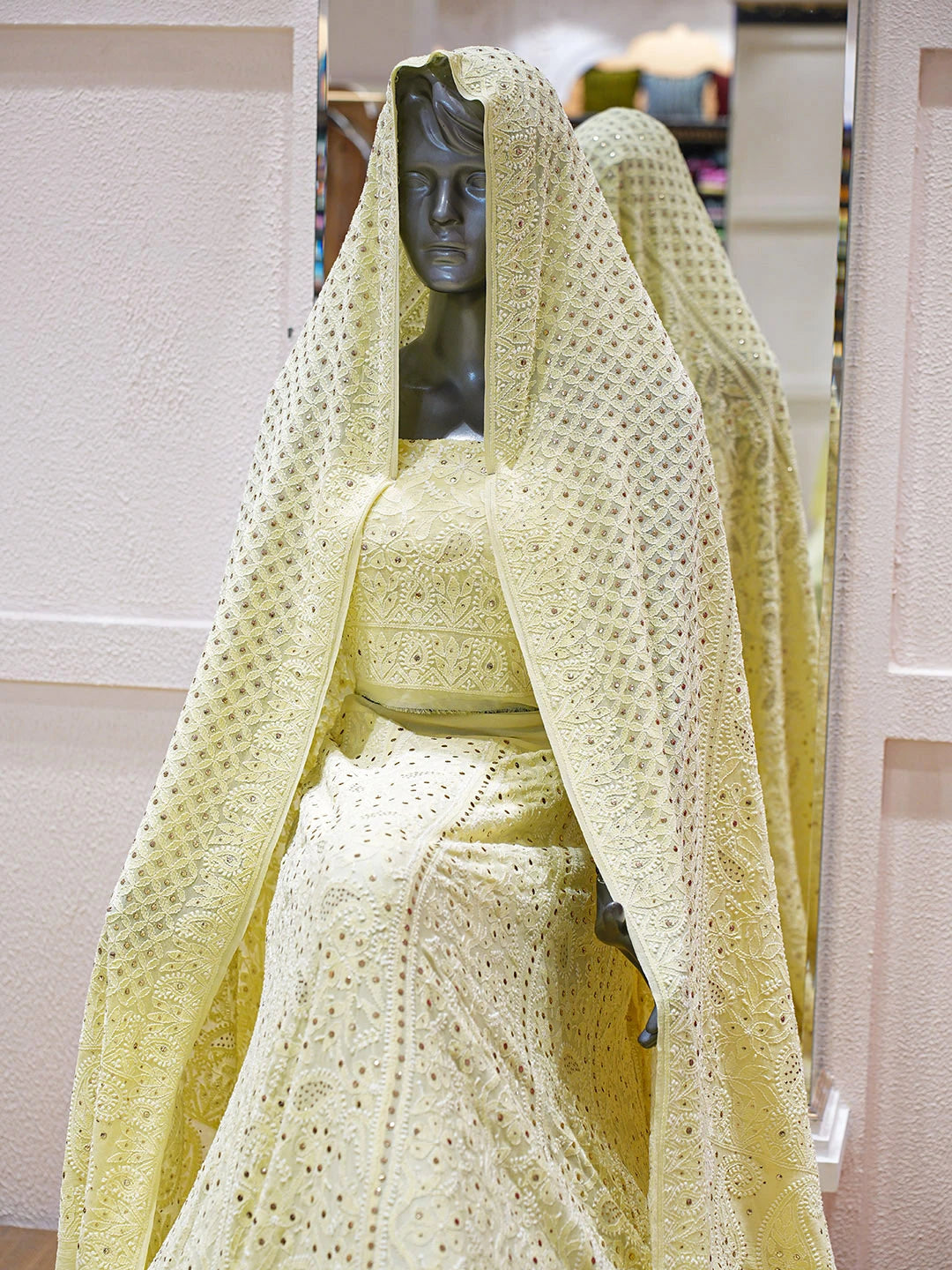 Ada Hand Embroidered Lemon Pure Georgette Lucknowi Chikankari Lehenga Set With Muqaish/Mukaish Work 01A63786