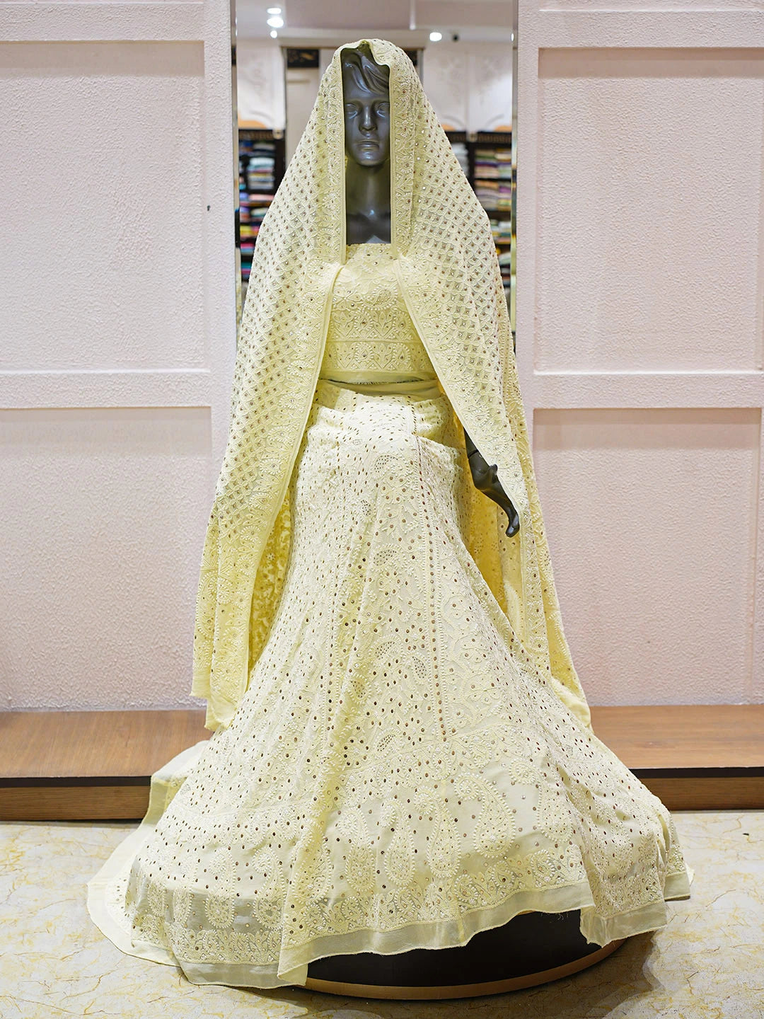 Ada Hand Embroidered Lemon Pure Georgette Lucknowi Chikankari Lehenga Set With Muqaish/Mukaish Work 01A63786