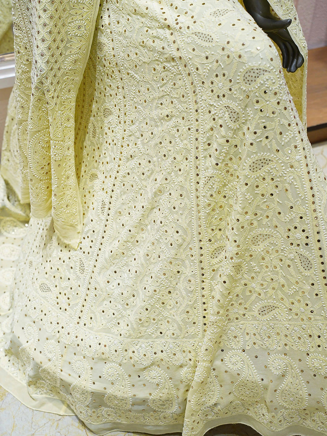 Ada Hand Embroidered Lemon Pure Georgette Lucknowi Chikankari Lehenga Set With Muqaish/Mukaish Work 01A63786