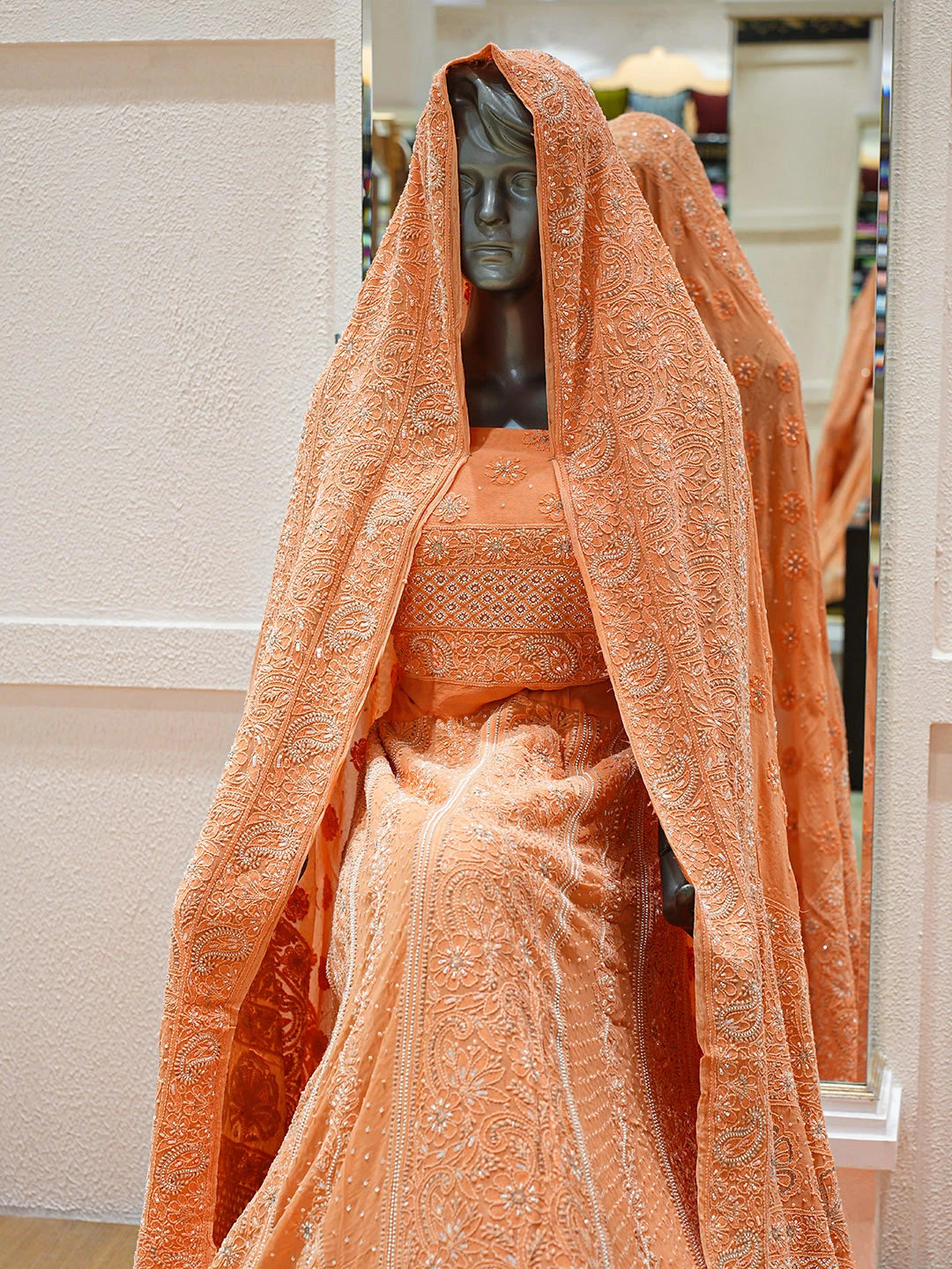 Ada Hand Embroidered Peach Viscose Georgette Lucknowi Chikankari Lehenga Set With Sequinned Work 01A754689