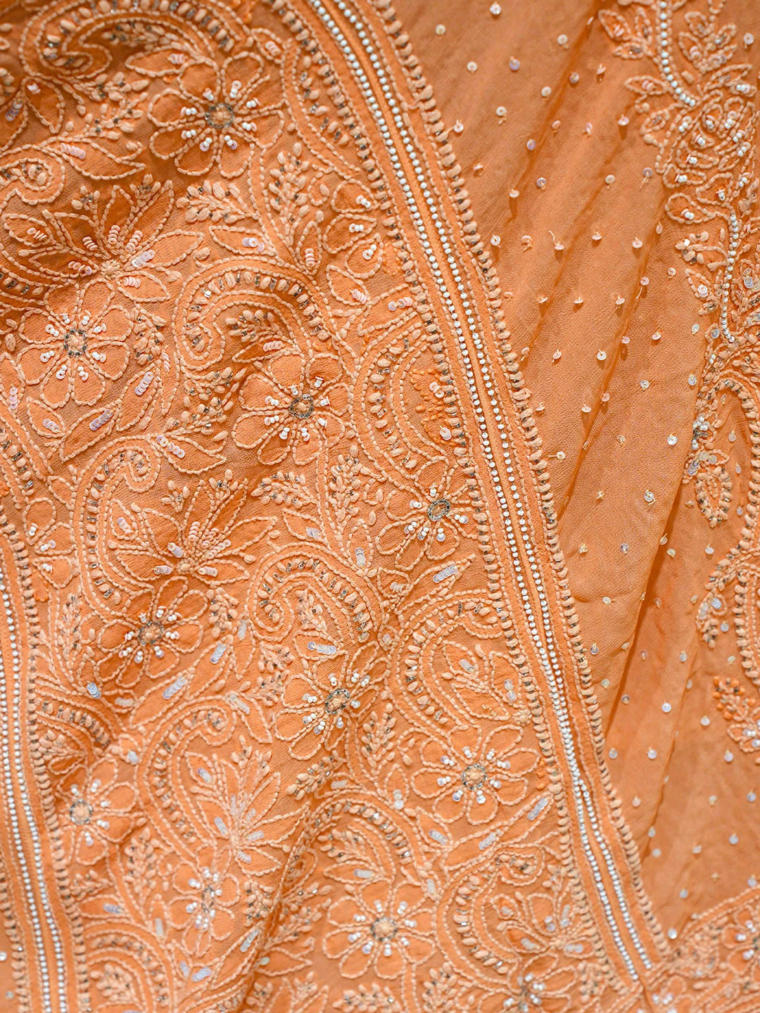 Ada Hand Embroidered Peach Viscose Georgette Lucknowi Chikankari Lehenga Set With Sequinned Work 01A754689
