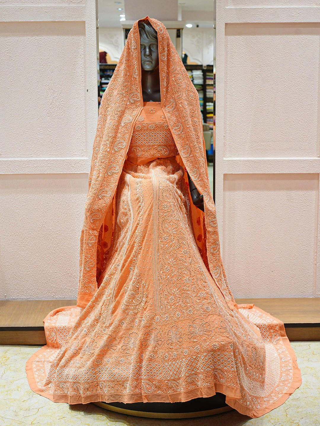 Ada Hand Embroidered Peach Viscose Georgette Lucknowi Chikankari Lehenga Set With Sequinned Work 01A754689