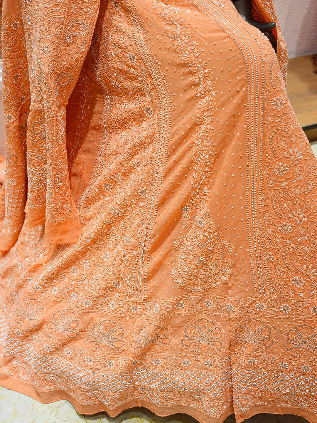 Ada Hand Embroidered Peach Viscose Georgette Lucknowi Chikankari Lehenga Set With Sequinned Work 01A754689