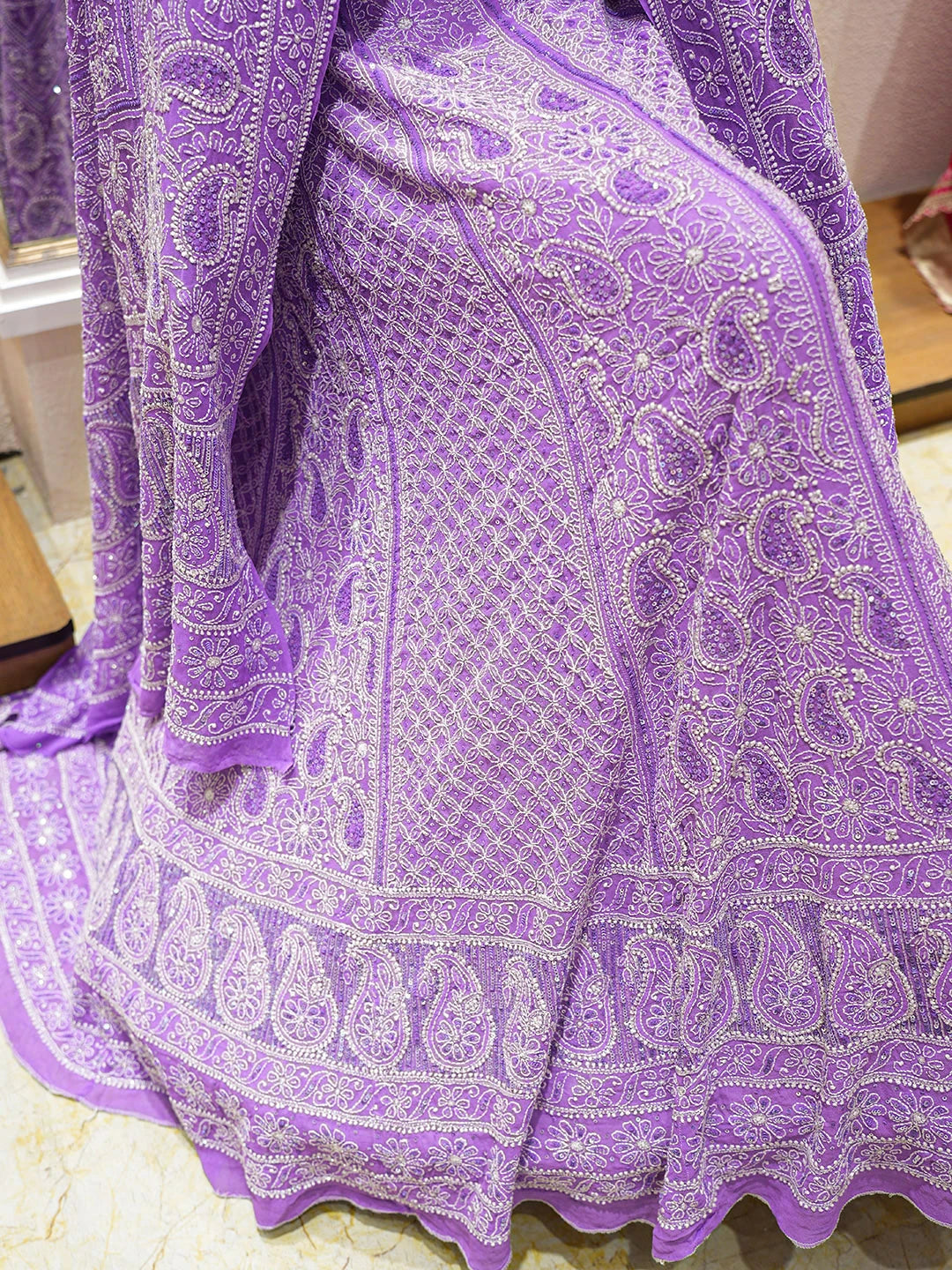 Ada Hand Lavender Pure Georgette Lehenga – Ada Chikan