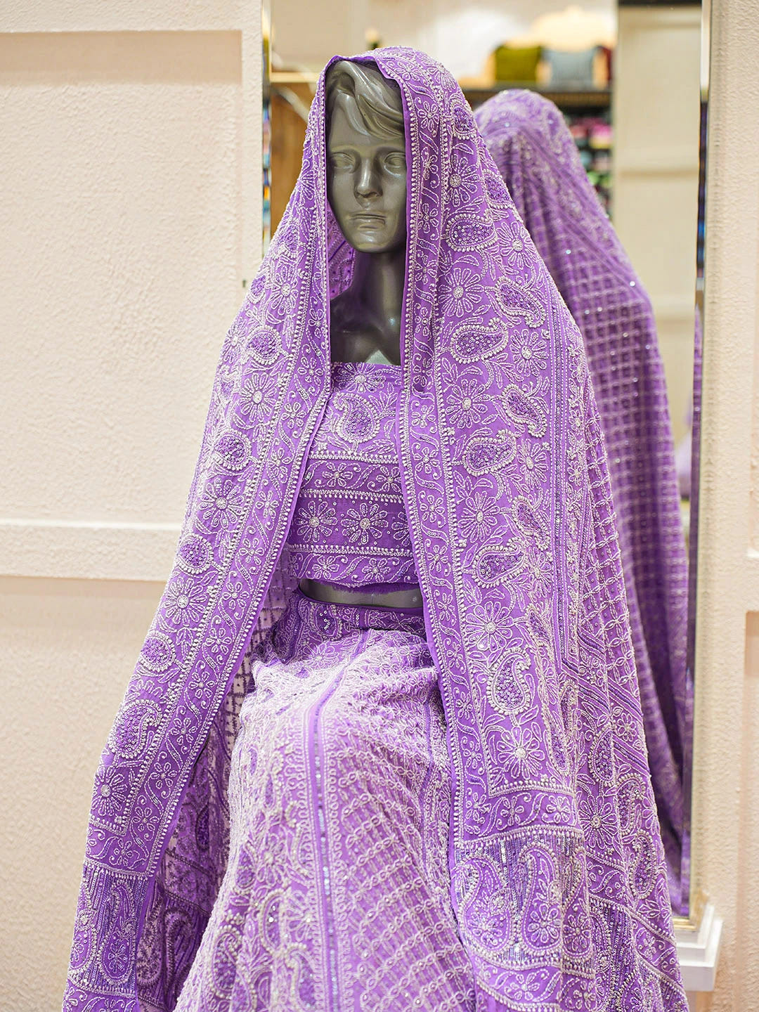Ada Hand Embroidered Lavender Pure Georgette Lucknowi Chikankari Lehenga Set With Sequinned Work 01A136380
