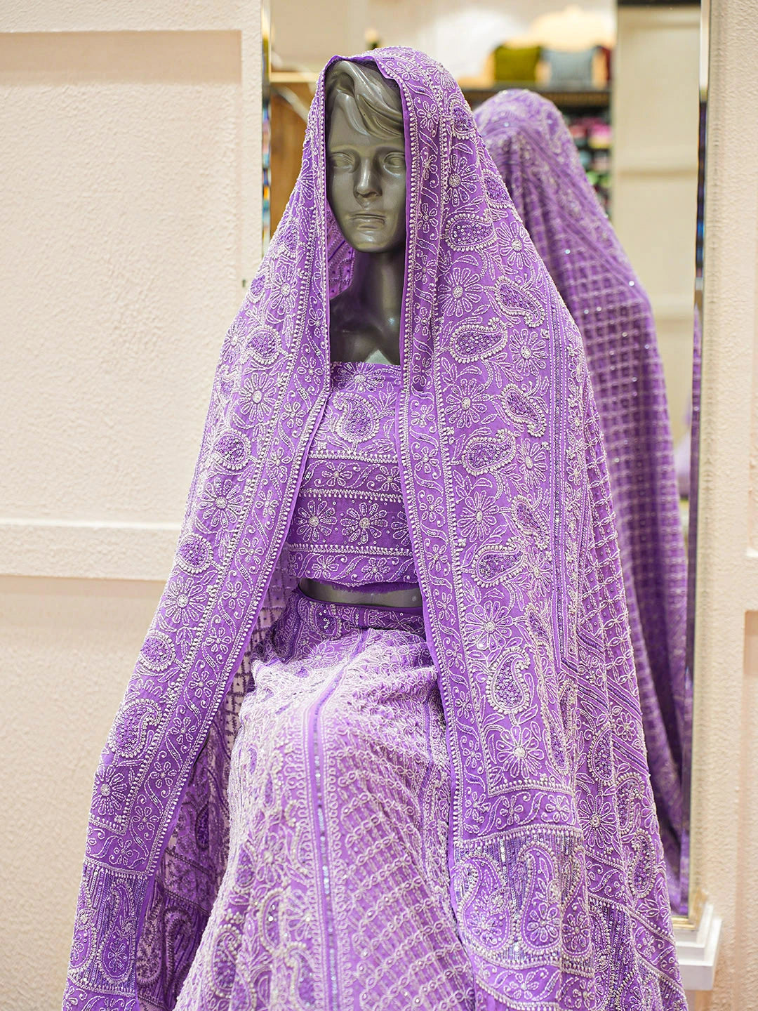 Ada Hand Embroidered Lavender Pure Georgette Lucknowi Chikankari Lehenga Set With Sequinned Work 01A136380