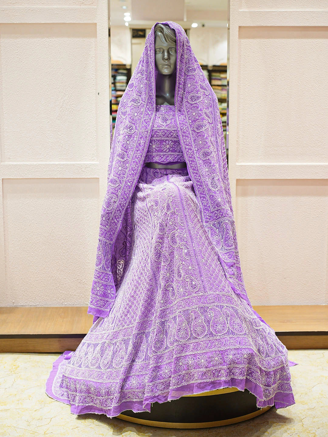 Ada Hand Embroidered Lavender Pure Georgette Lucknowi Chikankari Lehenga Set With Sequinned Work 01A136380