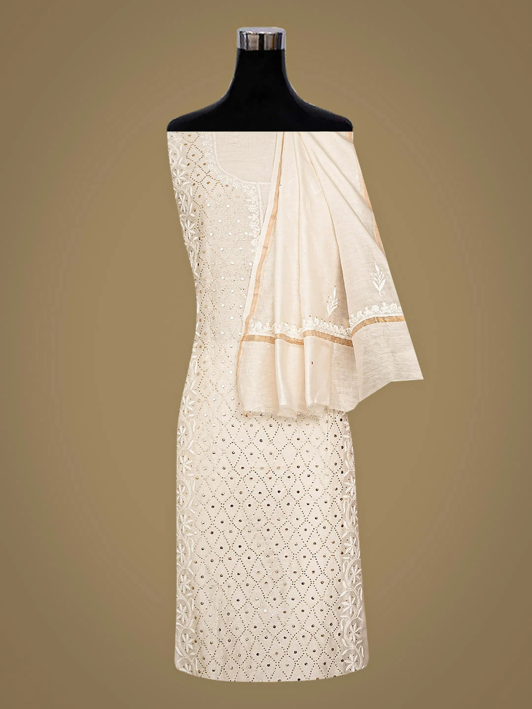Ada Hand Embroidered White Chanderi Lucknowi Chikankari Unstitched Kurta Dupatta Set With Muqaish/Mukaish Work 01A933812