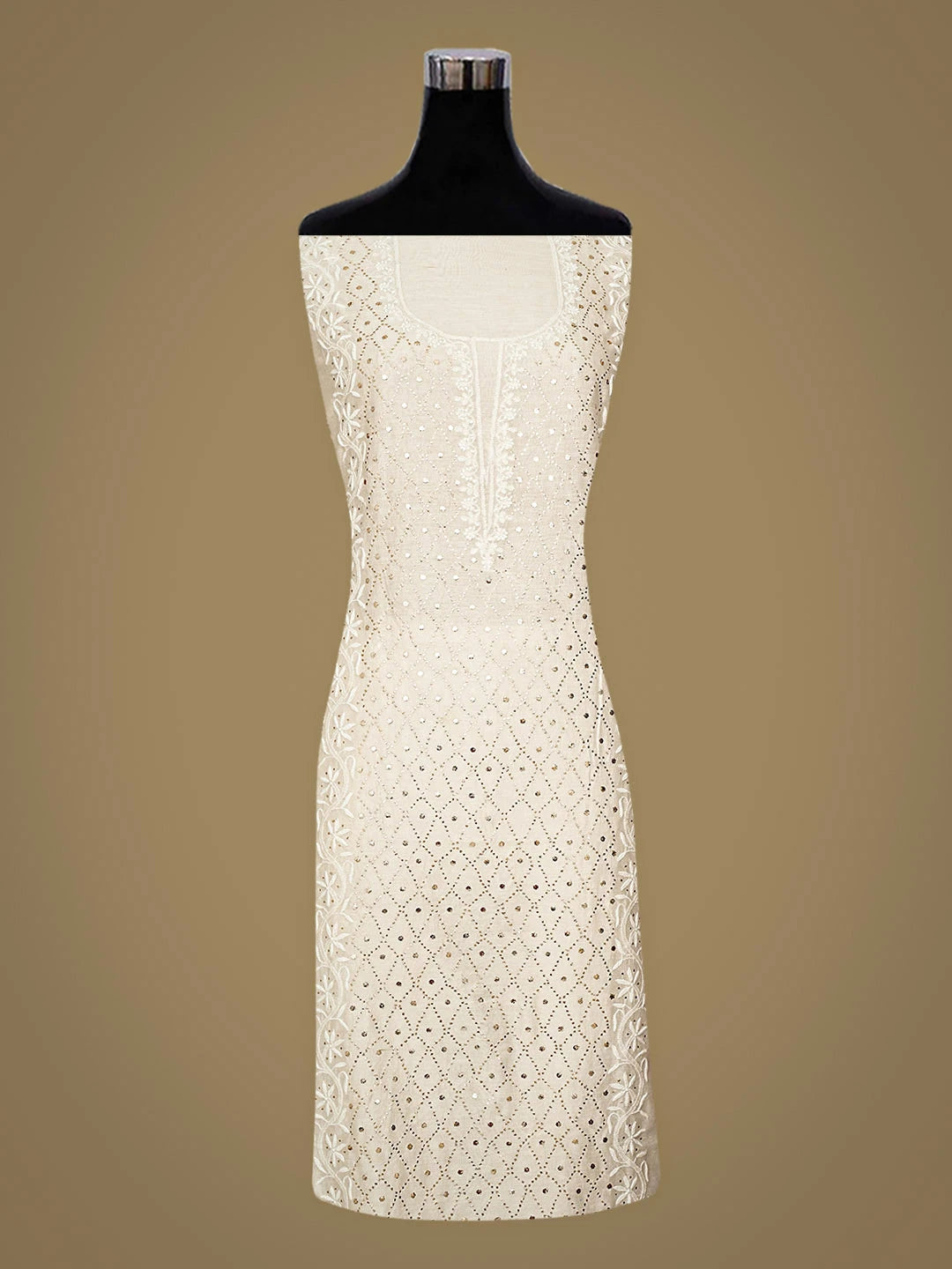 Ada Hand Embroidered White Chanderi Lucknowi Chikankari Unstitched Kurta Dupatta Set With Muqaish/Mukaish Work 01A933812