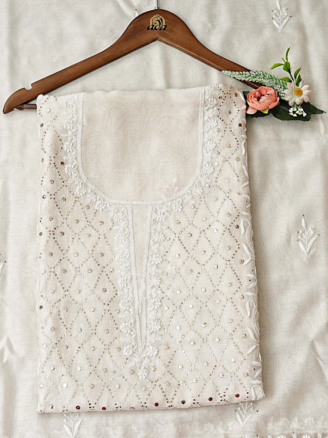 Ada Hand Embroidered White Chanderi Lucknowi Chikankari Unstitched Kurta Dupatta Set With Muqaish/Mukaish Work 01A933812