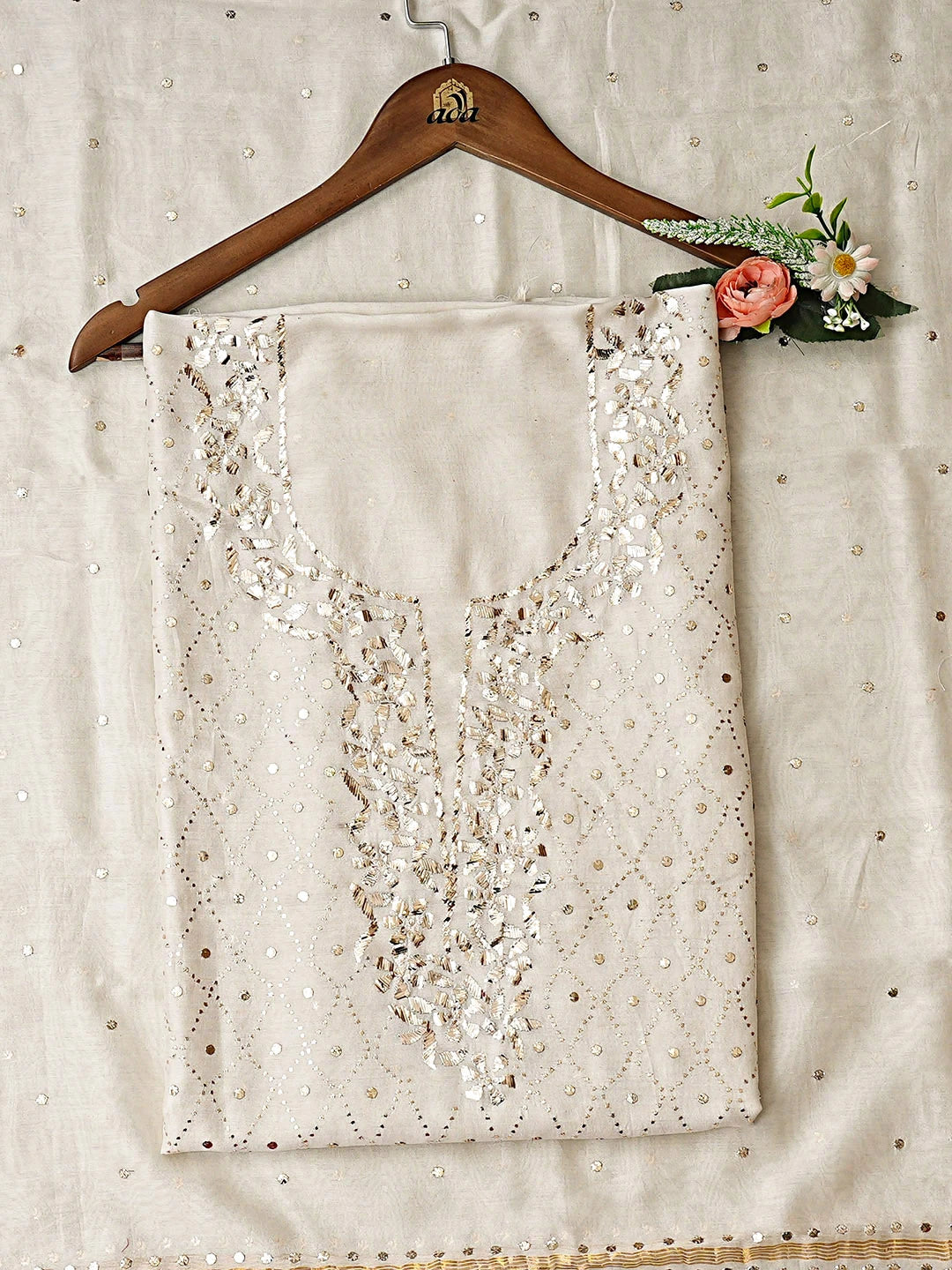 Ada Hand Embroidered White Chanderi Unstitched Kurta Dupatta Set With Muqaish/Mukaish Work 01A933814