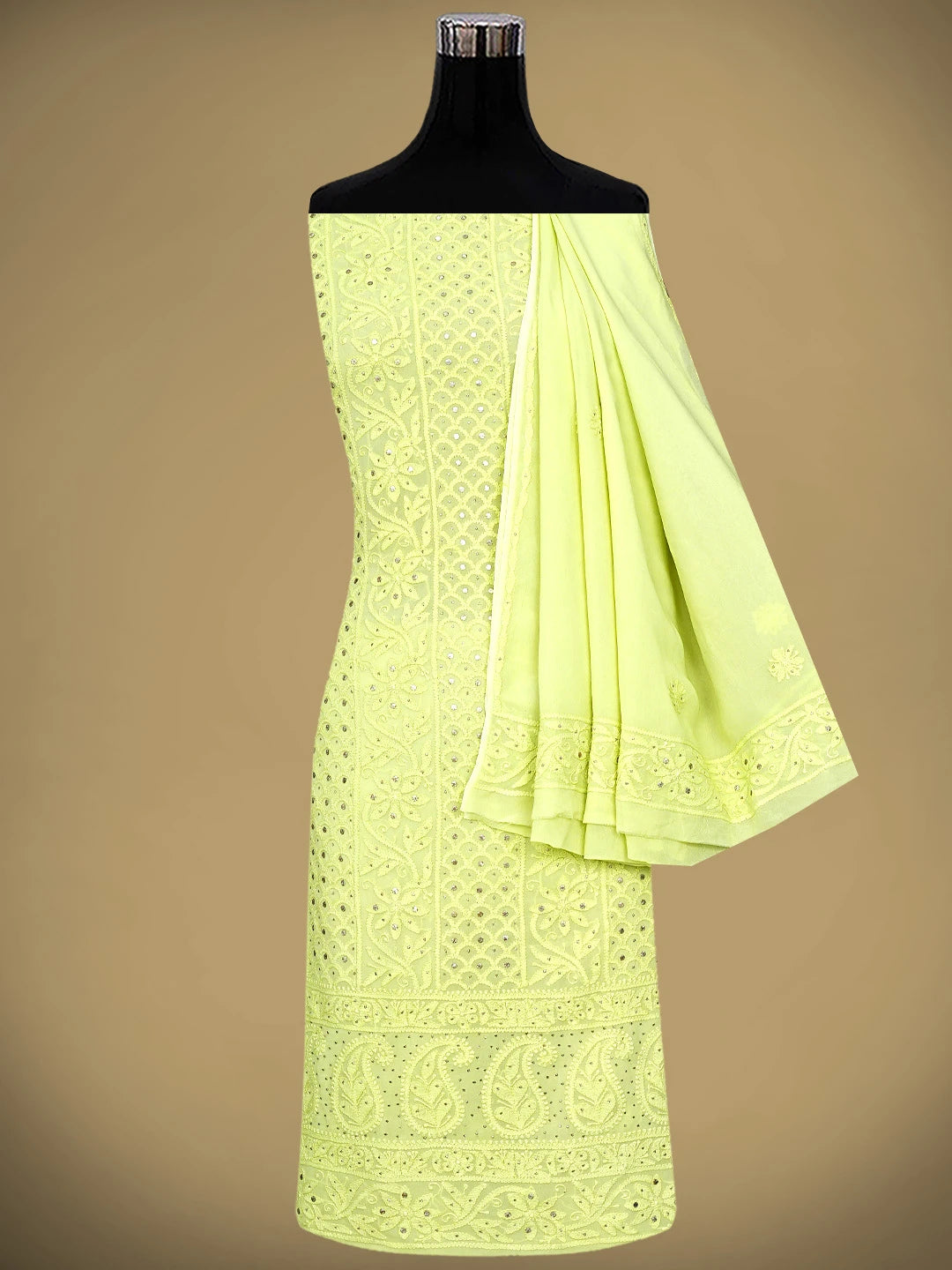 Ada Hand Embroidered Lime Green Viscose Georgette Lucknowi Chikankari Unstitched Kurta Dupatta Set With Mukaish/Muqaish Work 01A815275