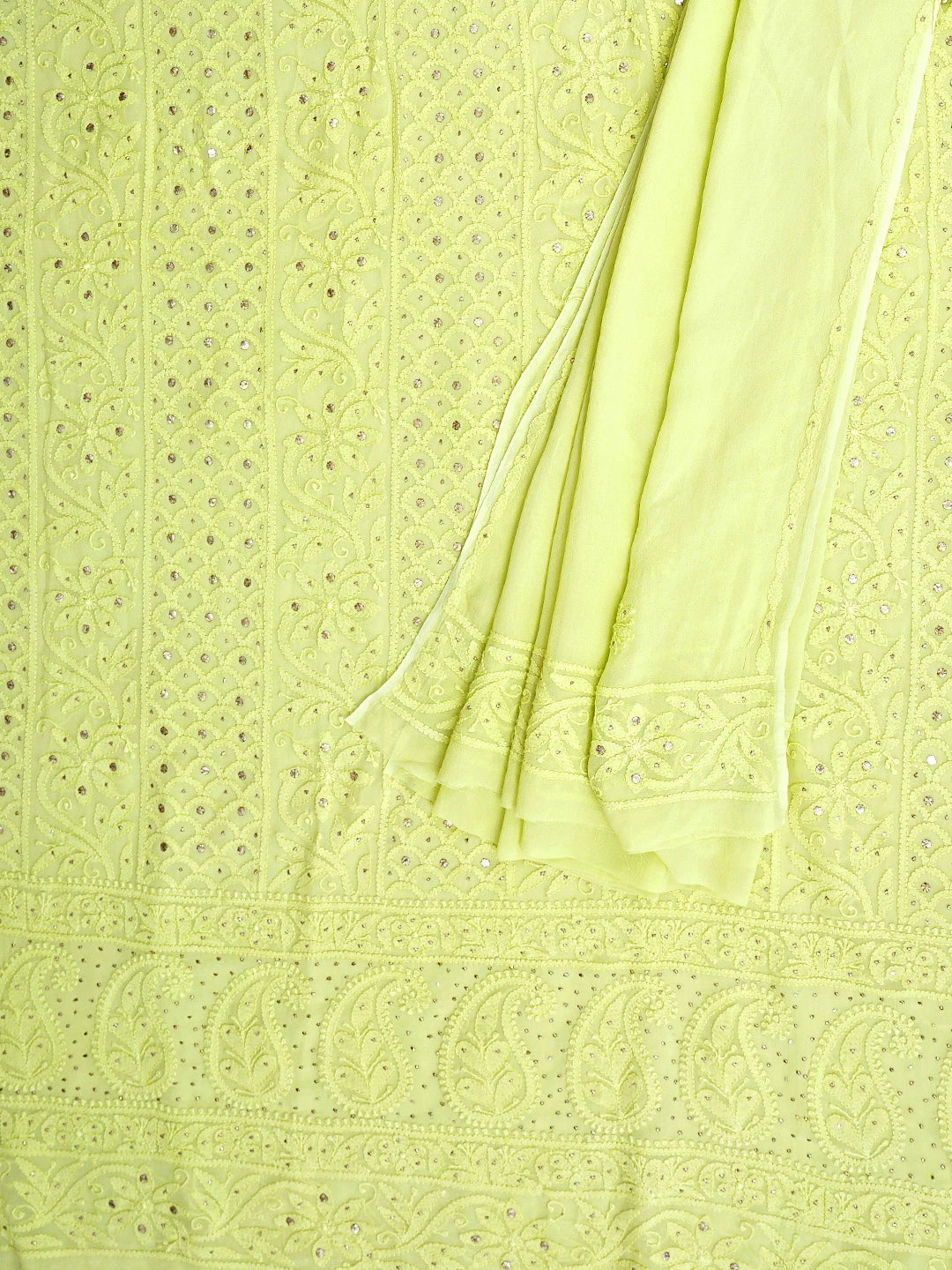 Ada Hand Embroidered Lime Green Viscose Georgette Lucknowi Chikankari Unstitched Kurta Dupatta Set With Mukaish/Muqaish Work 01A815275
