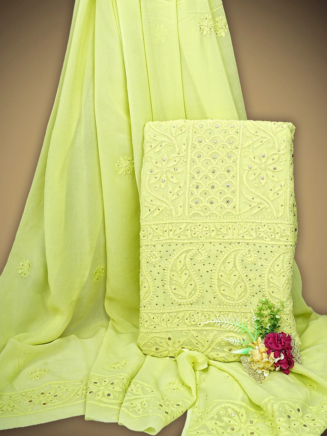 Ada Hand Embroidered Lime Green Viscose Georgette Lucknowi Chikankari Unstitched Kurta Dupatta Set With Mukaish/Muqaish Work 01A815275