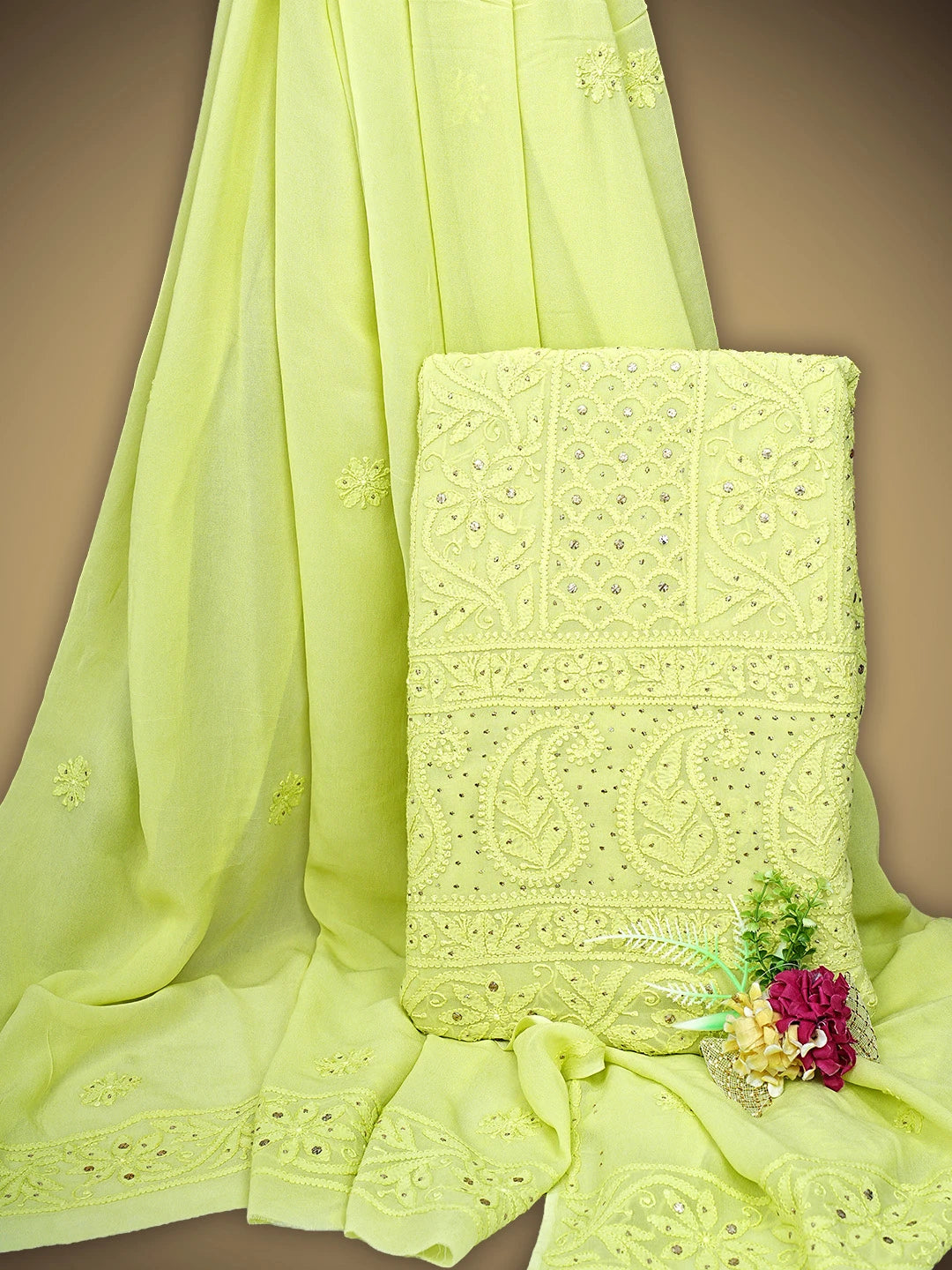Ada Hand Embroidered Lime Green Viscose Georgette Lucknowi Chikankari Unstitched Kurta Dupatta Set With Mukaish/Muqaish Work 01A815275